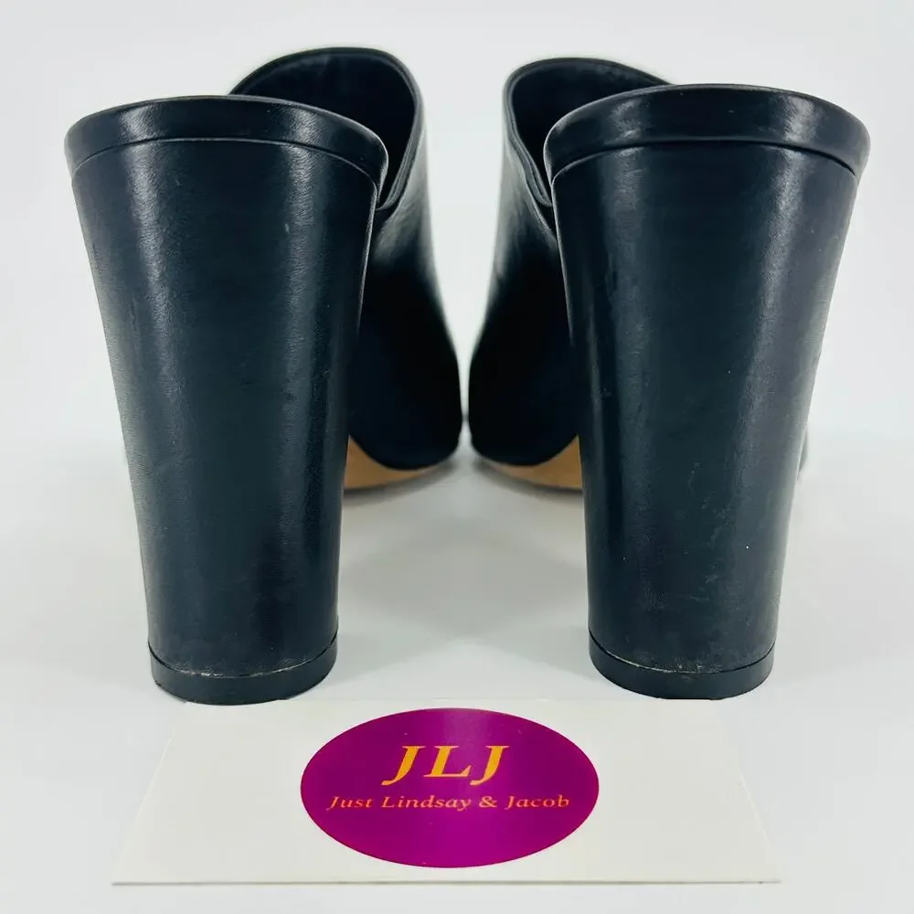 Vince Women's Hanna Black Leather Block-Heel Peep Toe Slip On Mules Size 6.5